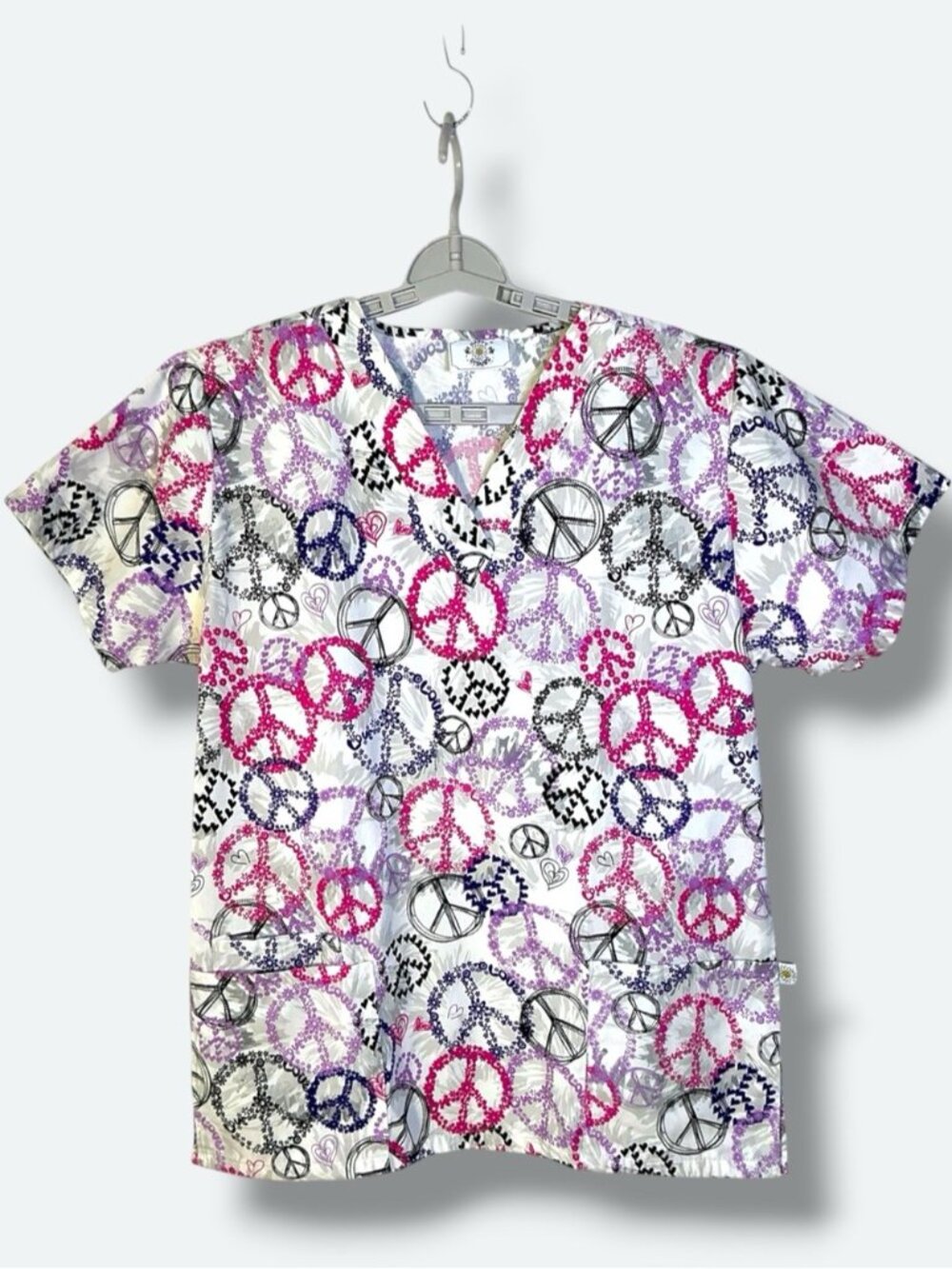 Happy Scrubs Top Peace Sign Top Cotton Blend Purple Pink Multicolor Women Medium